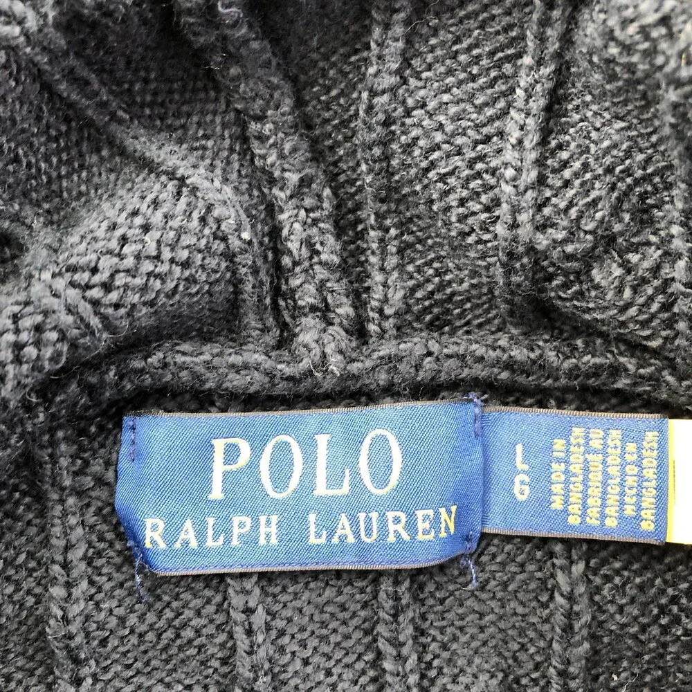 Polo Ralph Lauren Sweater Mens Large Blue Cable Knit Hooded Pullover Logo